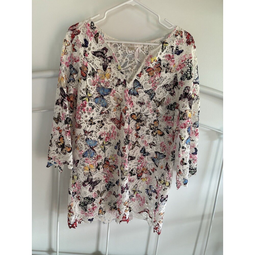 Boston Proper Colorful Butterfly Tunic shirt spring blouse Lace Ladies Medium M